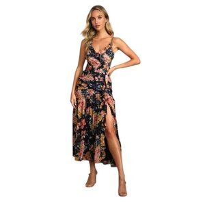Lulus Stunning Soiree Navy Blue Floral Ruffle Ruched Midi Dress